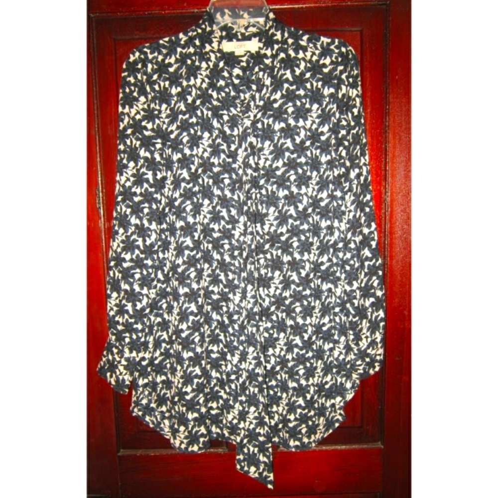 Ann Taylor Loft XS Tunic Top Blouse Shirt Popover Ties Scarf Floral Print Silky